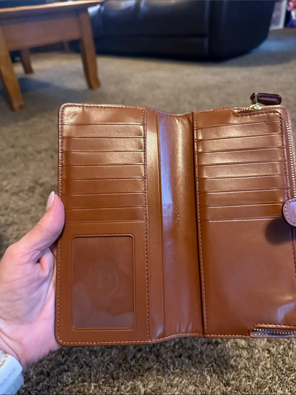 COACH Brown Leather Zip-Around Wallet with Gold Logo